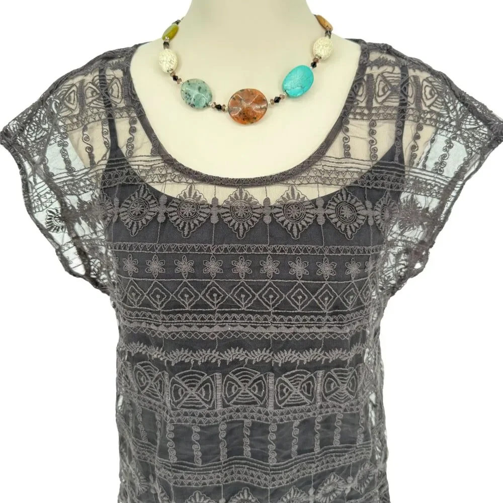 Garnet Hill Lace Dress 4 Brown Taupe Embroidered Lined Shift Slip Scalloped Hem - Picture 4 of 14